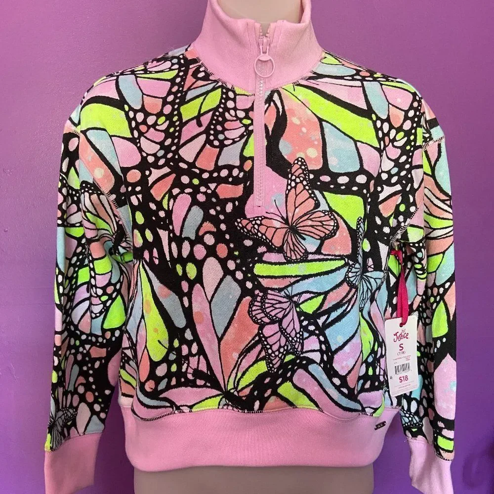 Justice Girls Pink/Black Half Zip Sweatshirt Size Small Long Sleeve Butterfly